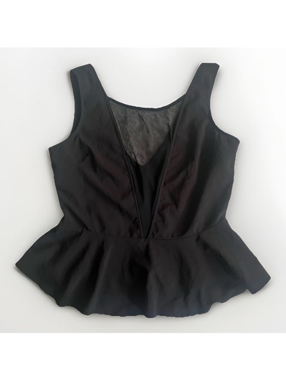 Solemio Black Peplum Tank Top with Sheer Mesh Panel V-Neck Night Out Party